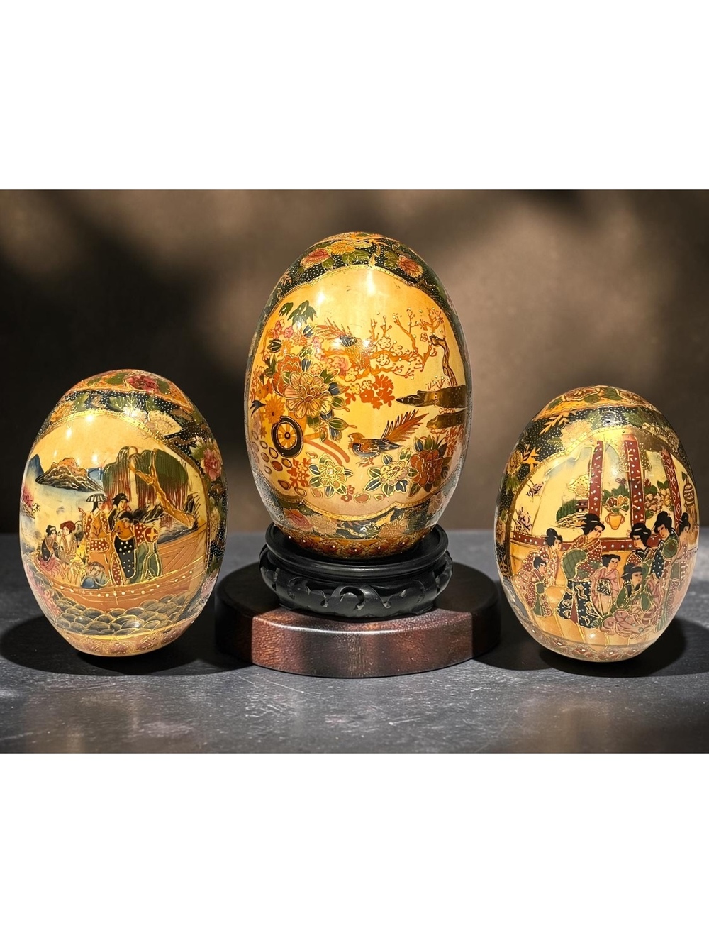 Vintage Chinese Satsuma Style Porcelain Eggs Set of 3 Moriage Geisha Asian Decor